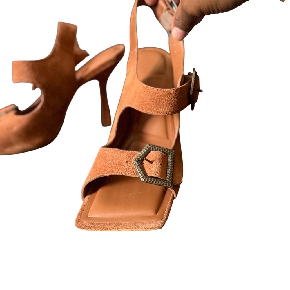 Gianni Bini Women Tan Suede Square Toe Slingback Heels with Buckle Accent Size 6 - Picture 3 of 8